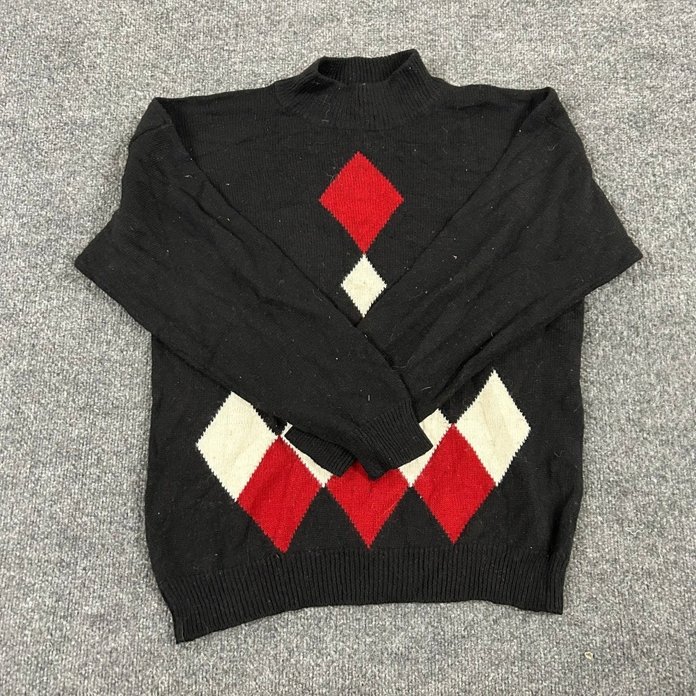 Koret Sweater Womens Size XL Black Wool Blend Argyle Mock Neck Vintage Pullover